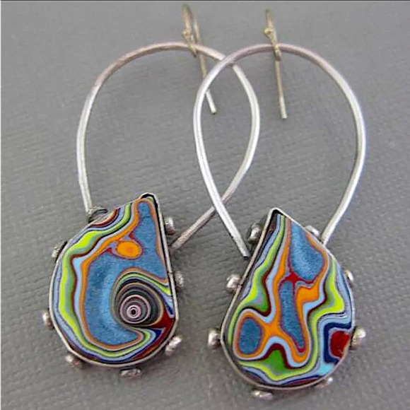 Silver Resin tribal Swirl Multicolor Dangle Boho Earrings - Picture 3 of 3